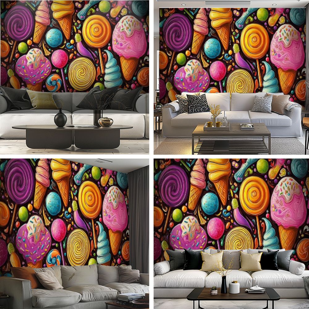 Peel and Stick Wallpaper Cartoon Hand Drawn Ice Cream Doodles Cones Cupcakes Lollipops Modern Art Wall Mural Decor Self Adhesive and Removable 69in x 98in