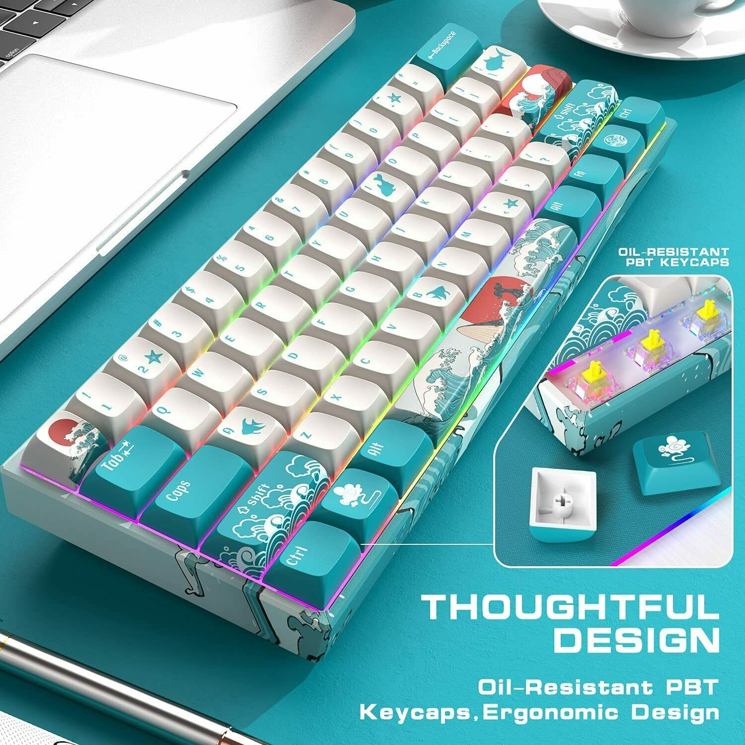 ピンク・ブルー HITIME XVX M61 60% Mechanical Keyboard Wireless, Ultra-Compact 2.4G  Rechargeable Gaming Keyboard, RGB Backlit Ergonomic Keyboard for Windows  Mac PC Ga