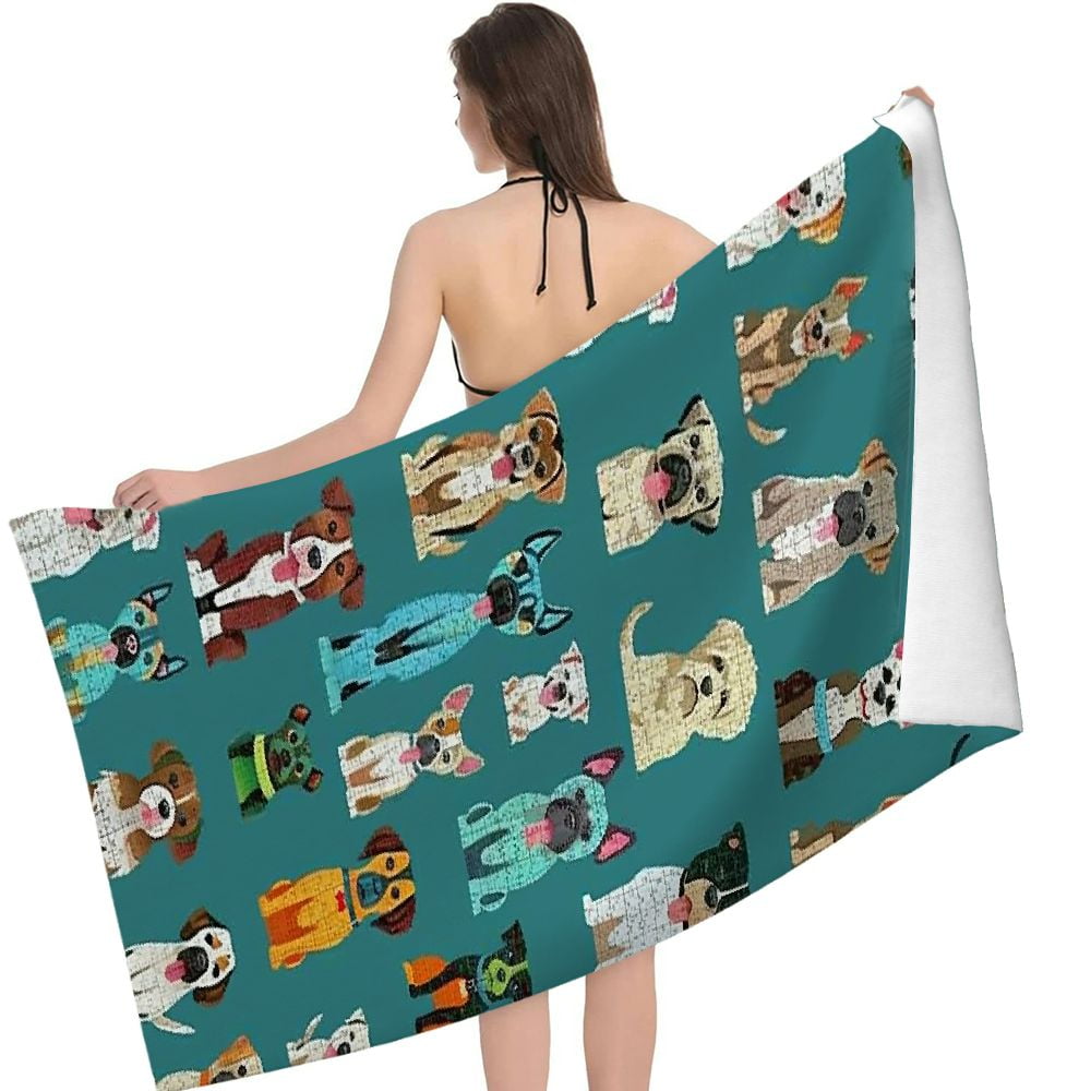 PHYHOO Animal Dog Microfiber Beach Towel, Cute Dog Pattern Large Oversized Beach Towel Lightweight Quick Dry Soft Absorbent Bath Towel, Sand Free Towel for Swimming Travel Sports 30x60in