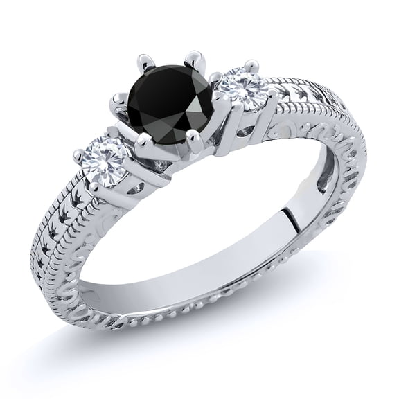 Gem Stone King 0.68 Ct Round Black Onyx E-F Lab Grown Diamond 925 Sterling Silver Ring (Size 7)