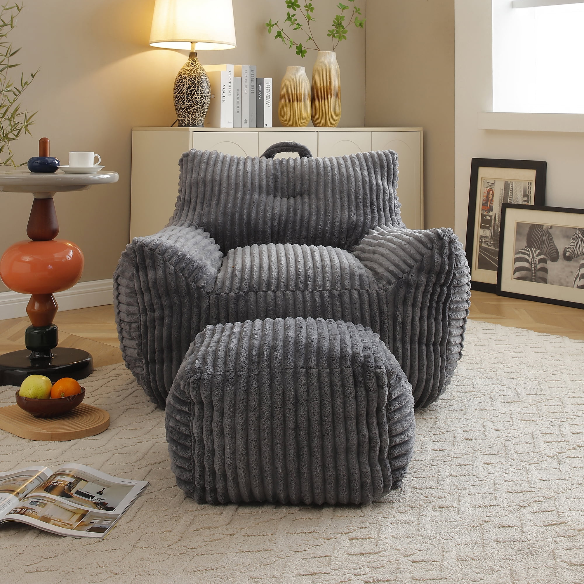FFZ Giant Grey Plush Bean Bag Chair For Adults With Armrests Footstool