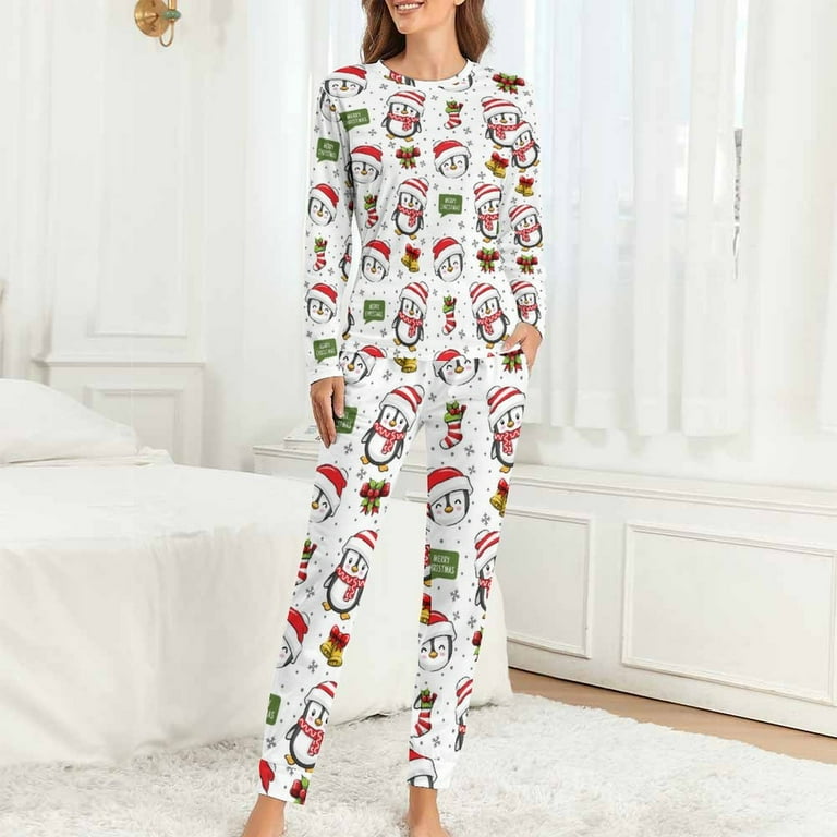 Womens Pajama Sets Cute Christmas Hat Penguin A 2 Piece Pjs Sets Long Sleeve Top and Pajama Pants with Pockets Comfy Soft Ladies Sleepwear Lounge Sets for Women Walmart