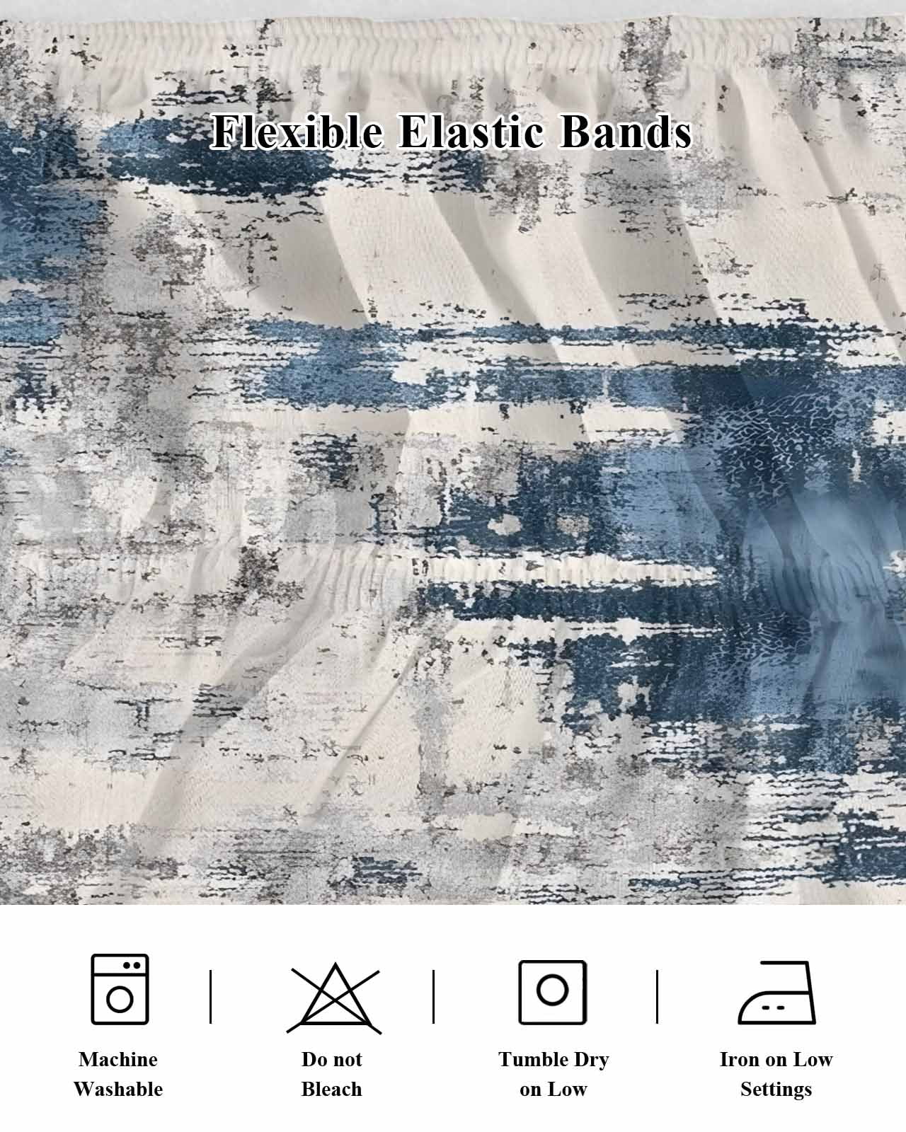 Blue Grey Shabby Bed Skirt King Size 16" Drop Vintage Abstract Art Modern Ruffled Wrap Around Bed Skirts Adjustable Elastic Bedskirt Dust Ruffle for King Size Bed