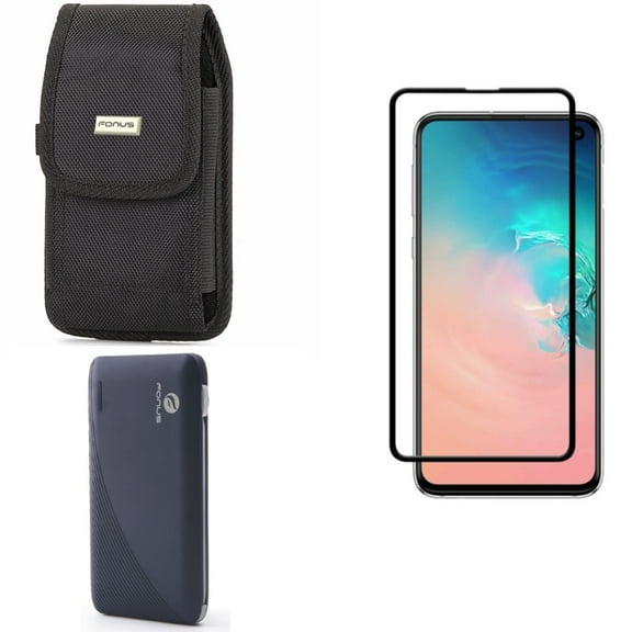 Galaxy S10e Power Bank w Case Belt Clip w Screen Protector - 10000mAh Charger Portable, Rugged Holster Canvas, Tempered Glass 5D Curved Edge for Samsung Galaxy S10e Phone