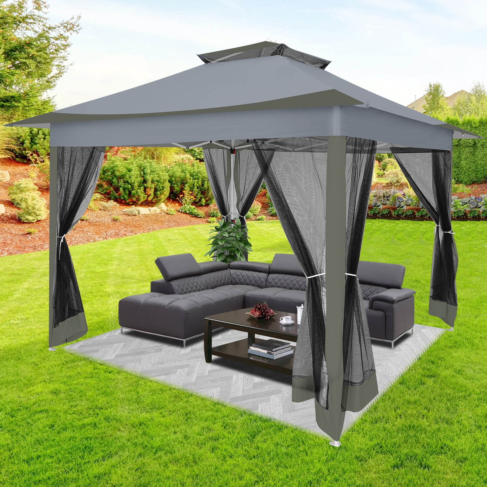 COBIZI 12'x12' Pop-up Gazebo Patio Gazebo Outdoor Gazebo Canopy with Mosquito Netting Patio Tent Backyard Canopy with 2-Tiered Vented Top 3 Adjustable Height and 144 Square Ft of Shade, Dark Gray