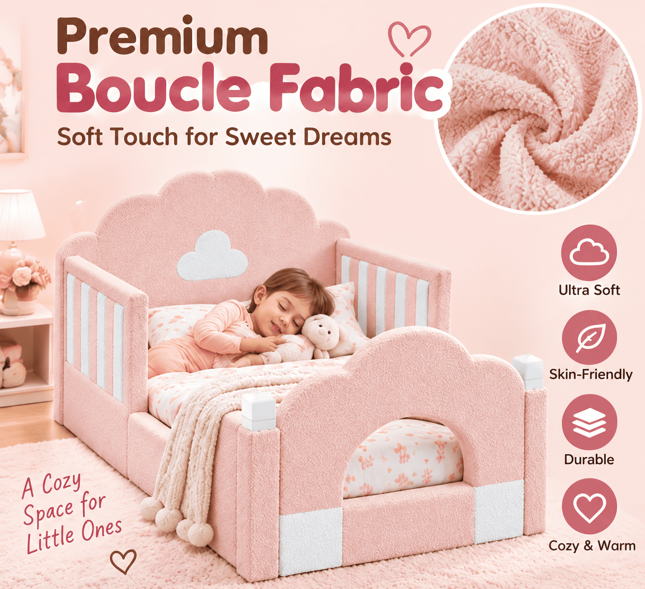 Wakefit Twin Size Kids Cloud Bed with Safety Guardrails,Boucle Upholstered Platform Bed Frame with Wood Slats,Cute Daybed for Girls Boys Bedroom,Pink