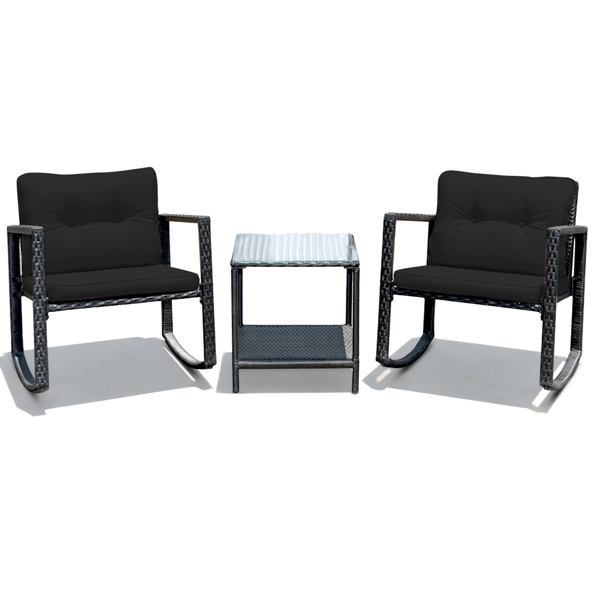 Gymax 3PCS Rattan Rocking Chair Table Set Patio Furniture Set w/ Black Cushions