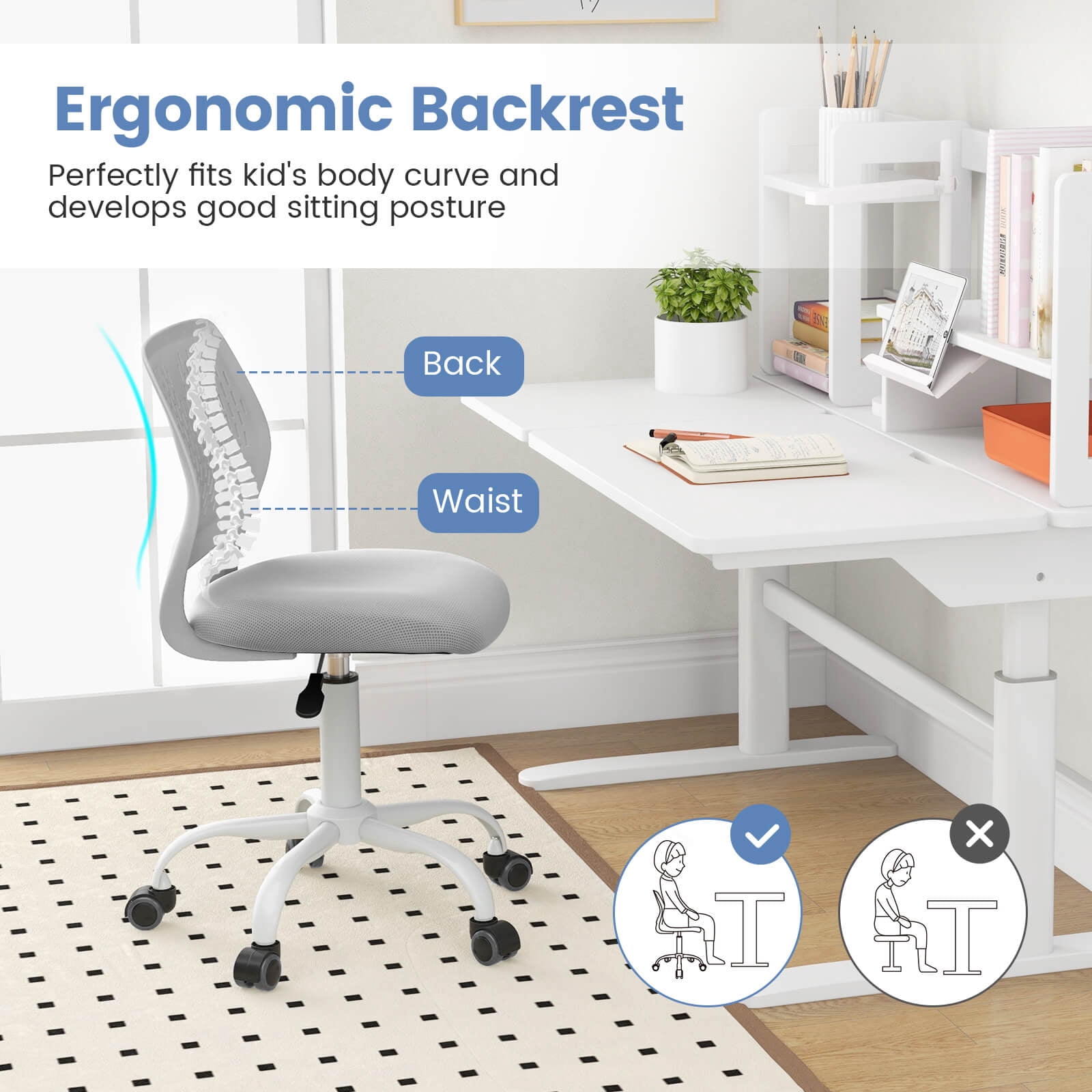 Costway Kids Desk Chair Ergonomic Swivel Children Mesh Study Height Adjustable Gray