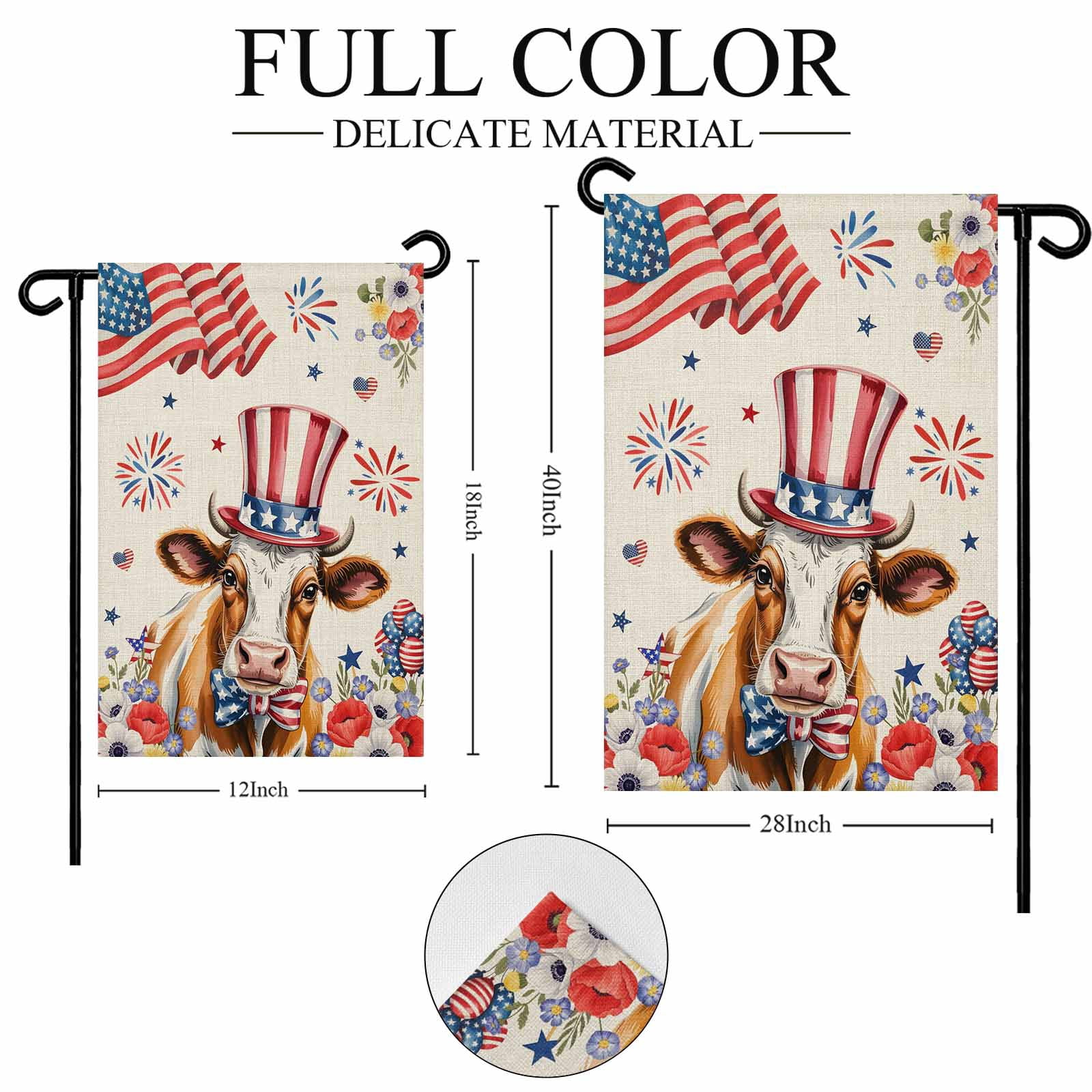4th of July Garden Flags USA Flag Cow Garden Flag Double Sided Welcome Flag Stars Stripes Hat Fireworks Poppy Independence Day Yard Flags for Outdoor Lawn Porch Memorial Day Holiday Decor 28x40 Inch