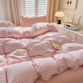 thumbnail image 4 of 3 Pieces Boho Pink Plaid Bedding Set Pink Grid Duvet Cover with Zipper Ties 100% Washed Microfiber Bedding Set Luxury Soft Breathable Durable,King Size, 4 of 6