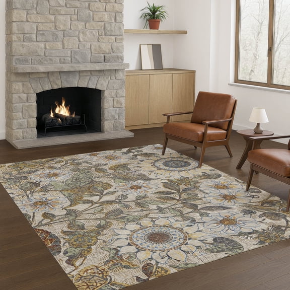 Addison Rugs Chantille Indoor/Outdoor Transitional Floral Beige Machine Washable Rectangle Rug, 10' x 14'