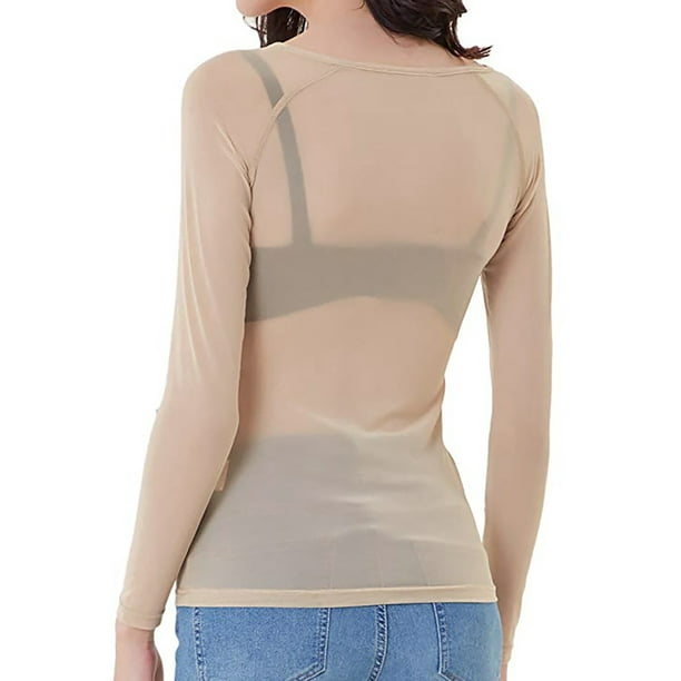 CEHVOM Women See-Through Long Sleeve Seamless Arm Shaper Top Mesh Shirt  Blouse