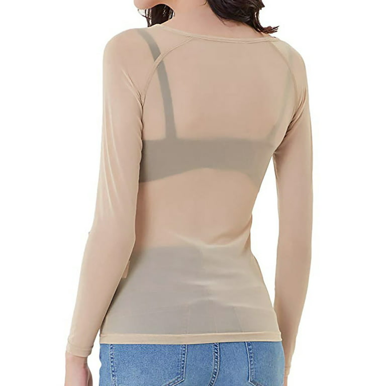 JWZUY Women's Long Sleeve See Through Mesh Sheer Top Blouse Shirt Khaki S 