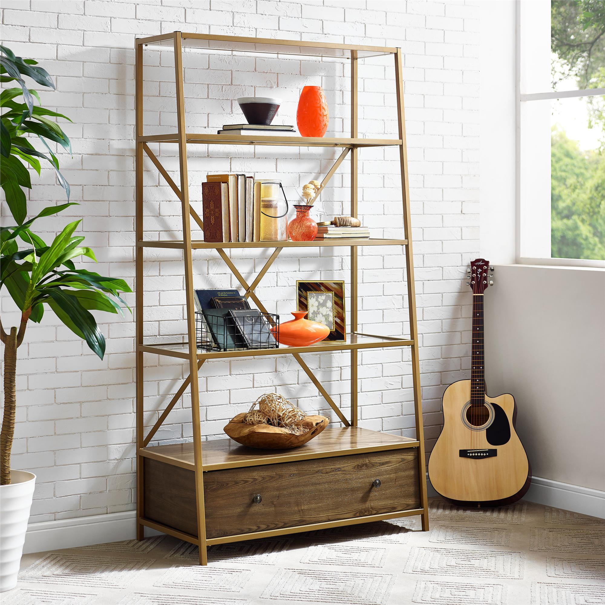 Dorel Living Moriah Pyramid Bookcase Etagere, Brass