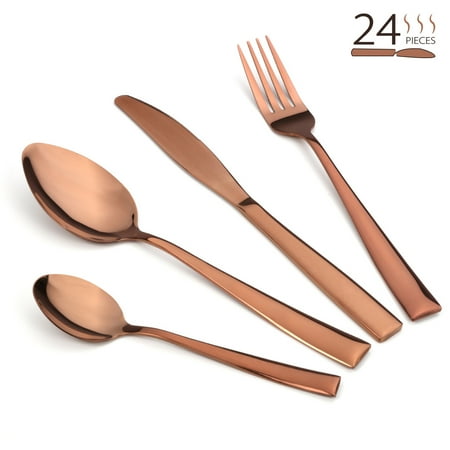Sterling Copper Spoon (Silverware Set, Lekoton 24 pcs Classic Copper Stainless Steel Flatware Set Service for 6, Dinner Knife Fork Spoon Utensil)