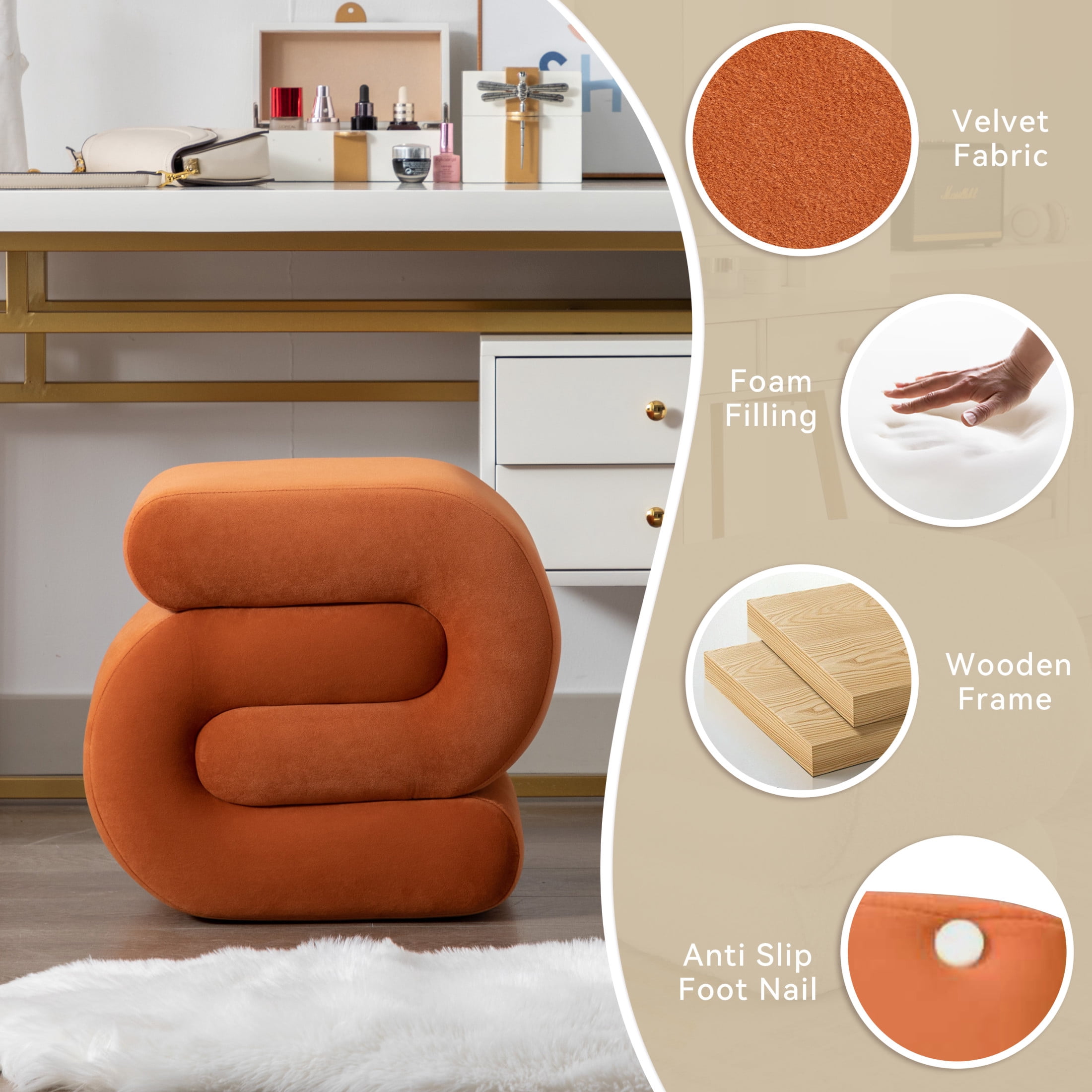 Noble House Rache 19" S-Shape Velvet Accent Ottoman, Plush Makeup Footrest Table Stool with Foam, Orange
