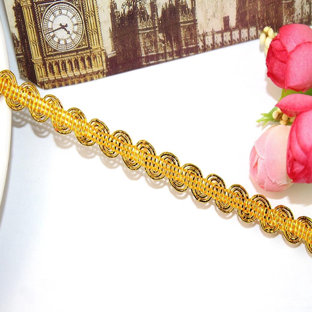 140 Yards 3/8 Inch Metallic Braid Lace Trim Gold Polyester Upholstery Ribbon Wave Pattern Scroll Decorated Gimp Woven Trimming for Jewelry Making Sewing Wedding Garment Accessories Goldenrod