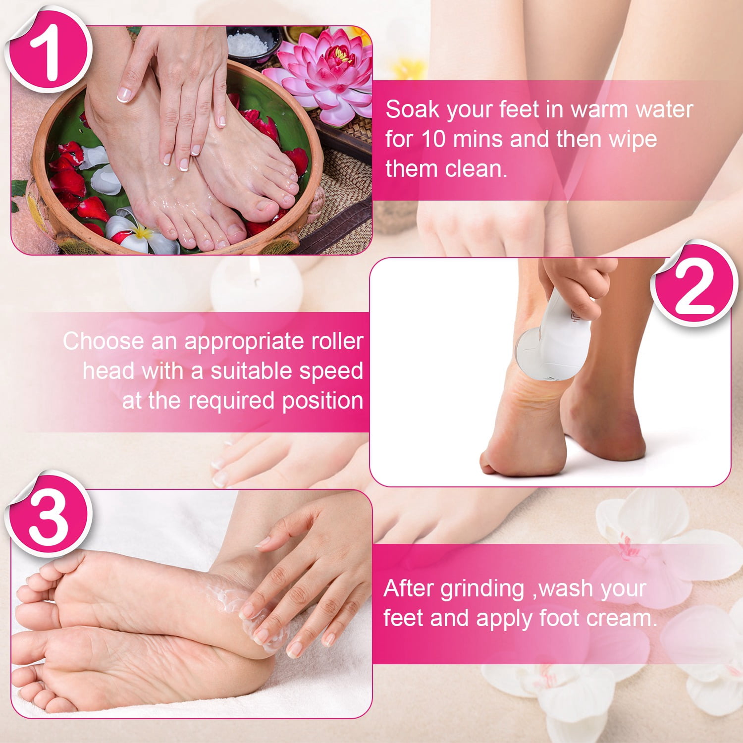 TeqHome Electric Foot Callus Remover Rechargeable Foot Scrubber with 3 Grinding Heads 2 Speeds Waterproof Foot File Perfect for Dead Hard Cracked Dry Skin