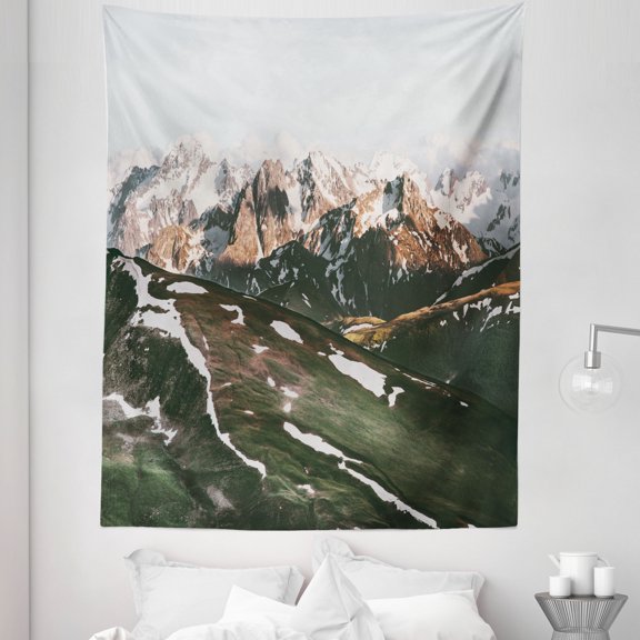 Epic Nature Tapestry, Spring Time Landscape Wild Mountains Snowy Peaks Scenic View, Fabric Wall Hanging Decor for Bedroom Living Room Dorm, 5 Sizes, Evergreen Almond and Coconut, by Ambesonne