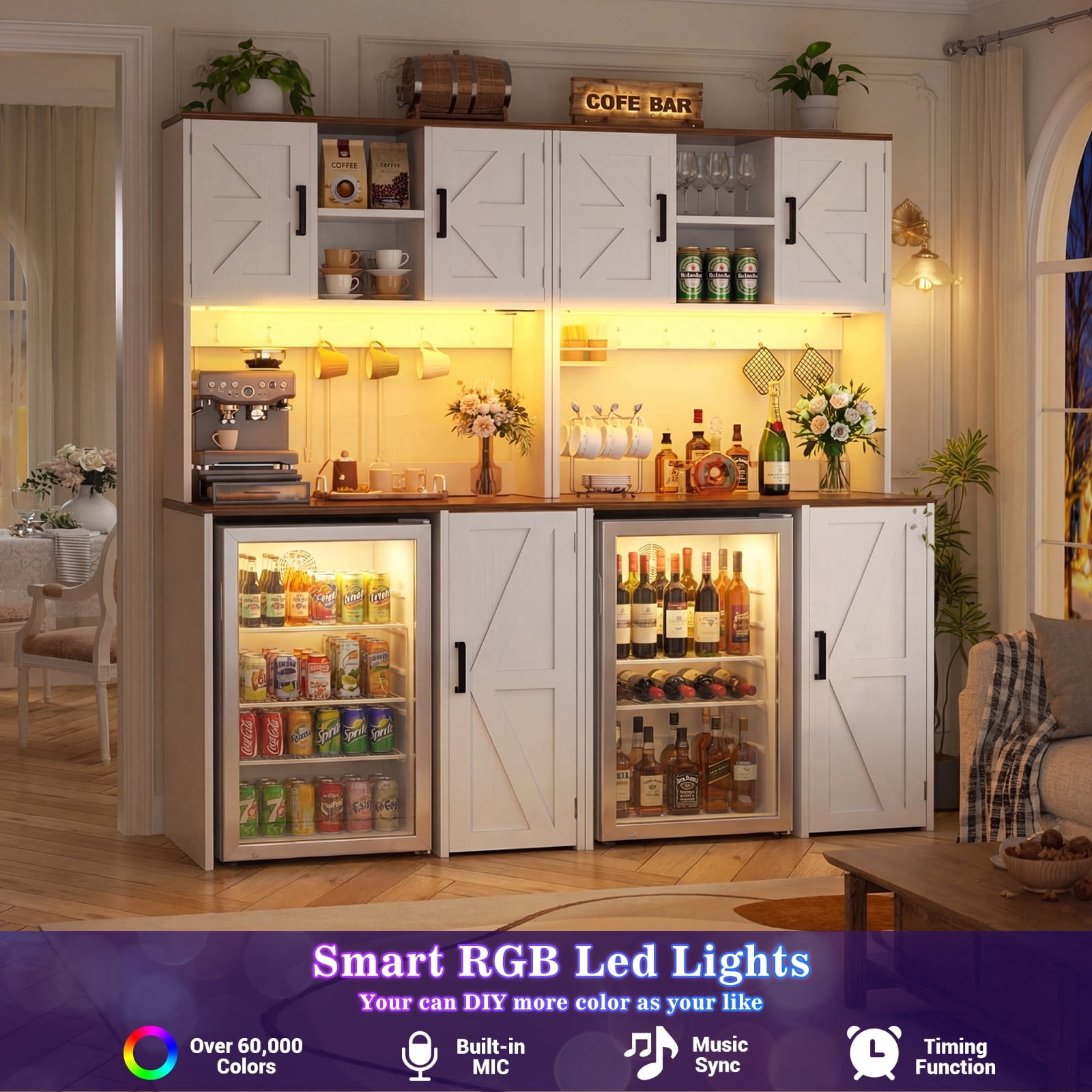 Homieasy 2-Piece Beverage Station Set - Mini Fridge Cabinet & Coffee Bar with Charging Hub, LED Light, Microwave Shelf & Wine Storage, Perfect for Kitchen, Dorm & Office,White