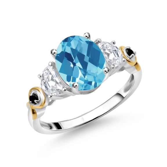 Gem Stone King 925 Silver and 10K Yellow Gold 3-Stone Ring Oval Checkerboard Swiss Blue Topaz and Moissanite (2.76 Cttw, Size 9)
