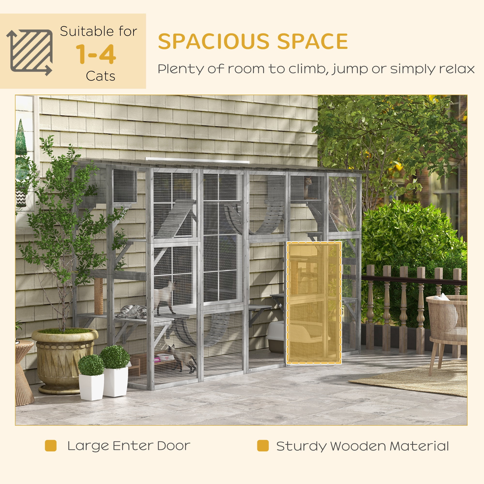 PawHut Catio Playground Outdoor Cat Enclosure, Wooden Outdoor Cat House Weatherproof for Multiple Cats, Shelves & Bridges, Gray