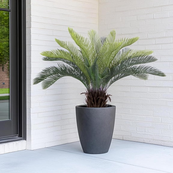 2ft Artificial Cycad Tree Resistant with Lifelike Bark & Realistic Leaves, 24in Super Full Faux Sago Palm Tree, for Porch Front Door Home Office Decor