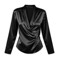 thumbnail image 2 of Vivianyo HD Women's Wrap V Neck Satin Blouses, Irregular Ruched Long Sleeve Solid Casual Silky Tops for Women, Women's Black, Sizes S-3XL, 2 of 5