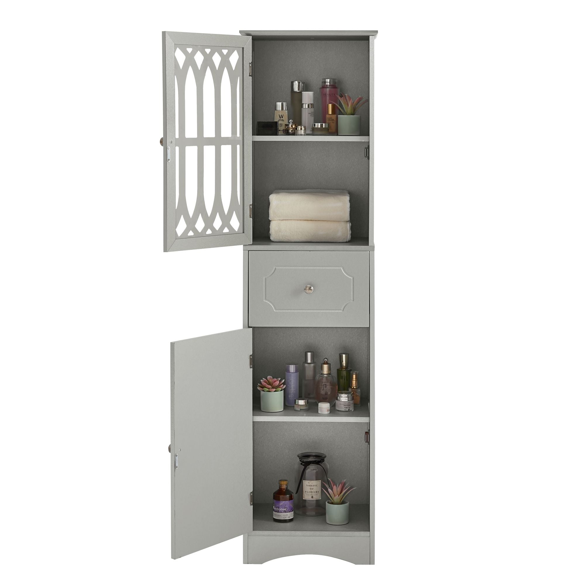 DEALTOPS Modern Bathroom Cabinet with Drawer and 2 Cabinets, Slim Freestanding Storage Cabinet with adjustable shelf for Bathroom - Gray