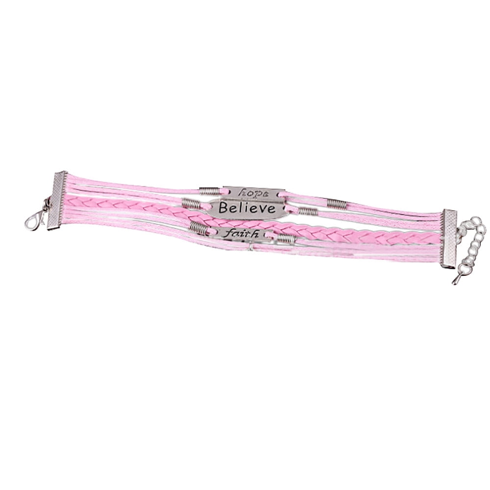 Multi-layer Leather Rope Handmade Pink Ribbon Breast Cancer Awareness Bracelet