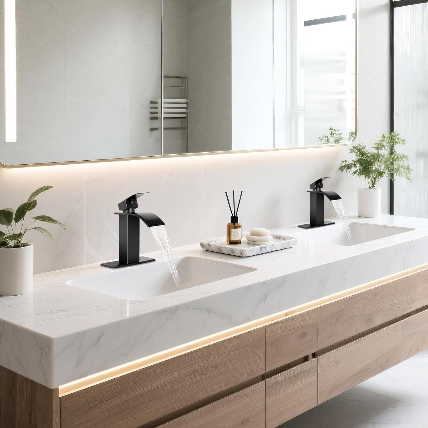 Matte Black Bathroom Faucets, Waterfall Bathroom Sink Faucet Modern Single Handle Bathroom Faucte 1 or 3 Hole, RV Mixer Tap Vanity Faucet - Includes Pop-up Drain Supply Hoses Deck PlateA