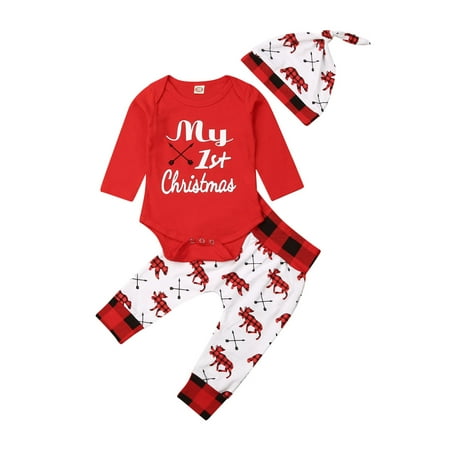 

Wassery Newborn Baby Girl Boy First Christmas 3PCS Outfits Long Sleeve Envelope Neckline Romper Tops + Long Animals Printed Pants + Beanie Hat Unisex Infant Set
