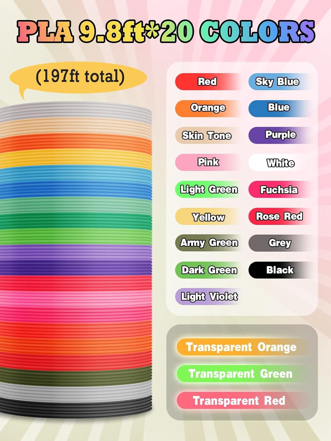 197ft PLA 3D Pen Filament Refills - 20-Color 1.75mm 3D Printer Refills, Kids Safe, Compatible with , Printing Pen, Each Color 9.8ft
