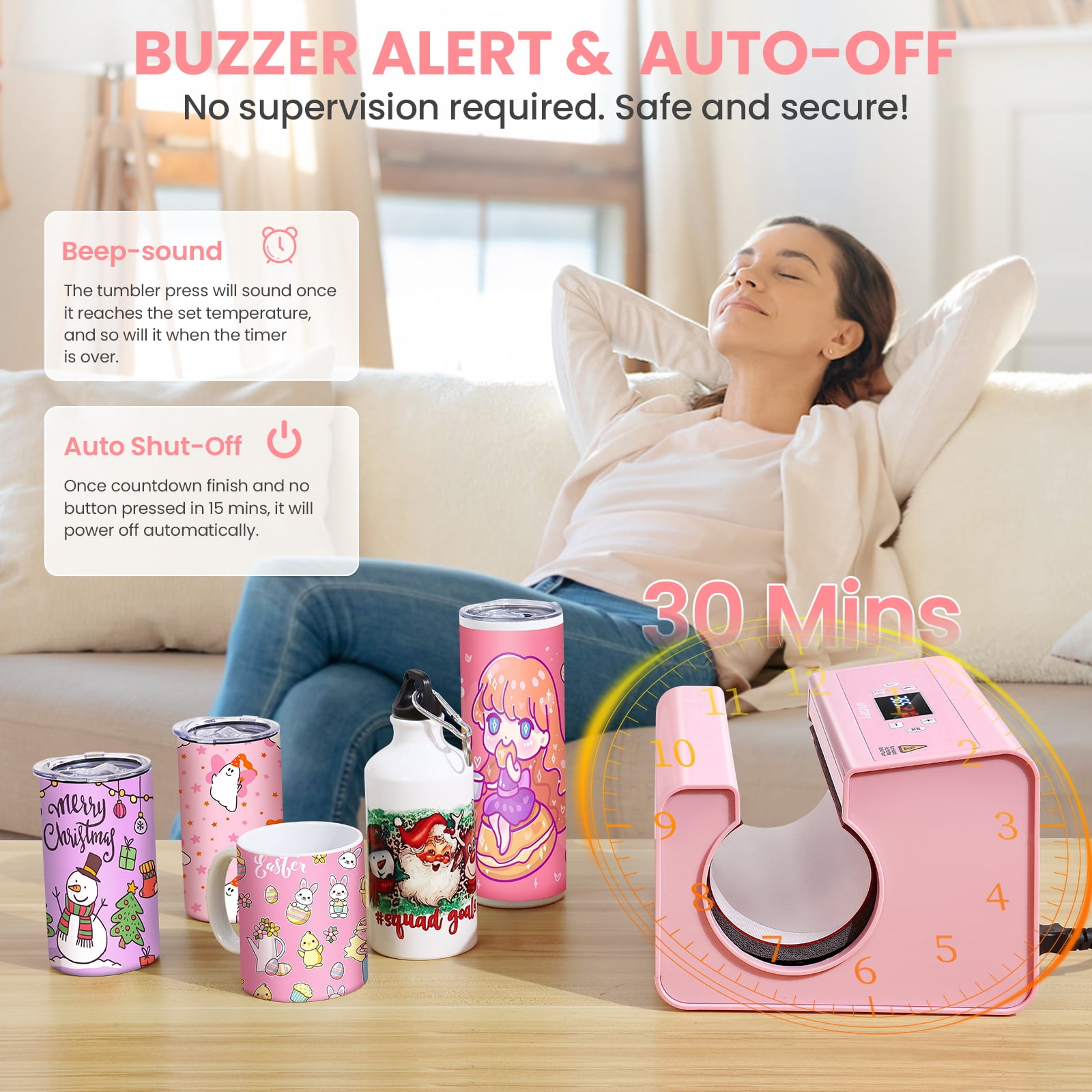 Adnoom Auto Tumbler Heat Press Machine, 30OZ Mug Heat Press Fast & Even, Automatic Sublimation Tumblers Press, Cup Transfer Machine for 11-30OZ Stainless Steel, Ceramic Pink