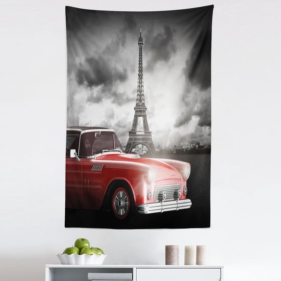 Paris Tapestry, Vintage Car Tour Eiffel in Cold Cloudy Day Romantic Theme Retro Style Art, Fabric Wall Hanging Decor for Bedroom Living Room Dorm, 5 Sizes, Grey Red, by Ambesonne