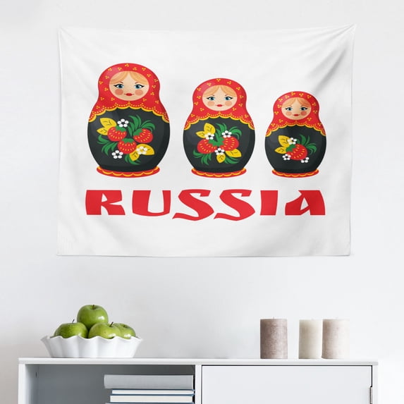 Russian Tapestry, Slavic Motifs Art Repetitive Monochrome Simplistic Eastern European Lines, Fabric Wall Hanging Decor for Bedroom Living Room Dorm, 2 Sizes, Vermilion and White, by Ambesonne