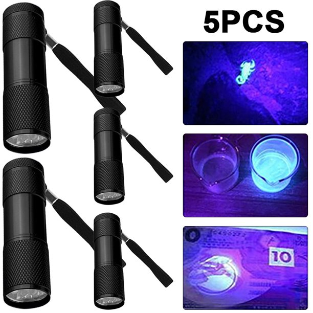 5 linternas portátiles UV de 9 LED, luz morada, antideslizante, retroiluminación de 395 nm (negra)
