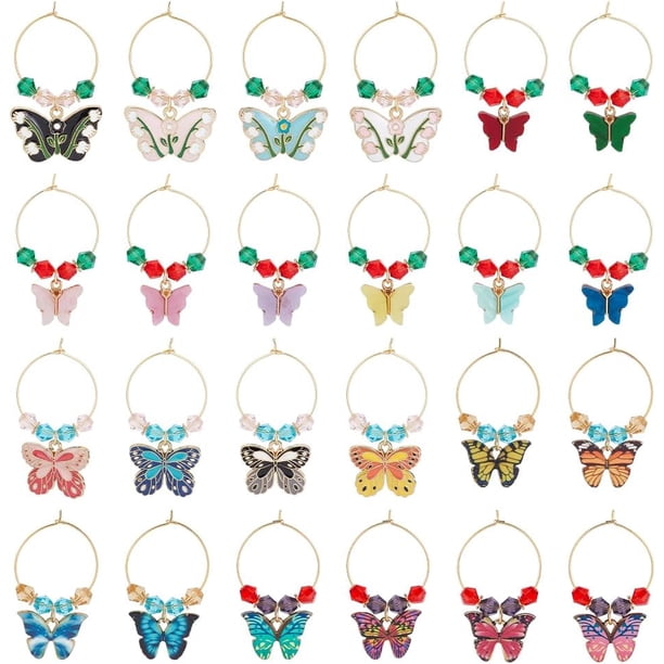 24 colgantes de aleación para copas de vino con temática de mariposa, con cuentas de vidrio y aros de acero inoxidable 316.