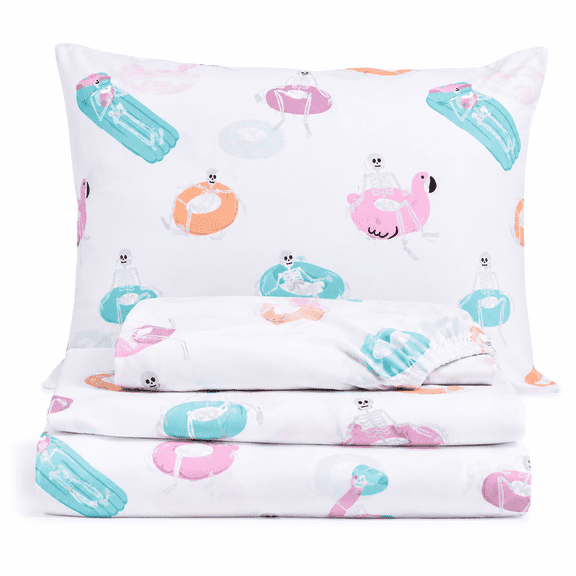 Summerween Skeleton Pool Party Sheet Set Skeleton Pattern Polyester Machine Washable Available In Twin Full Queen For Halloween Bedding Decor