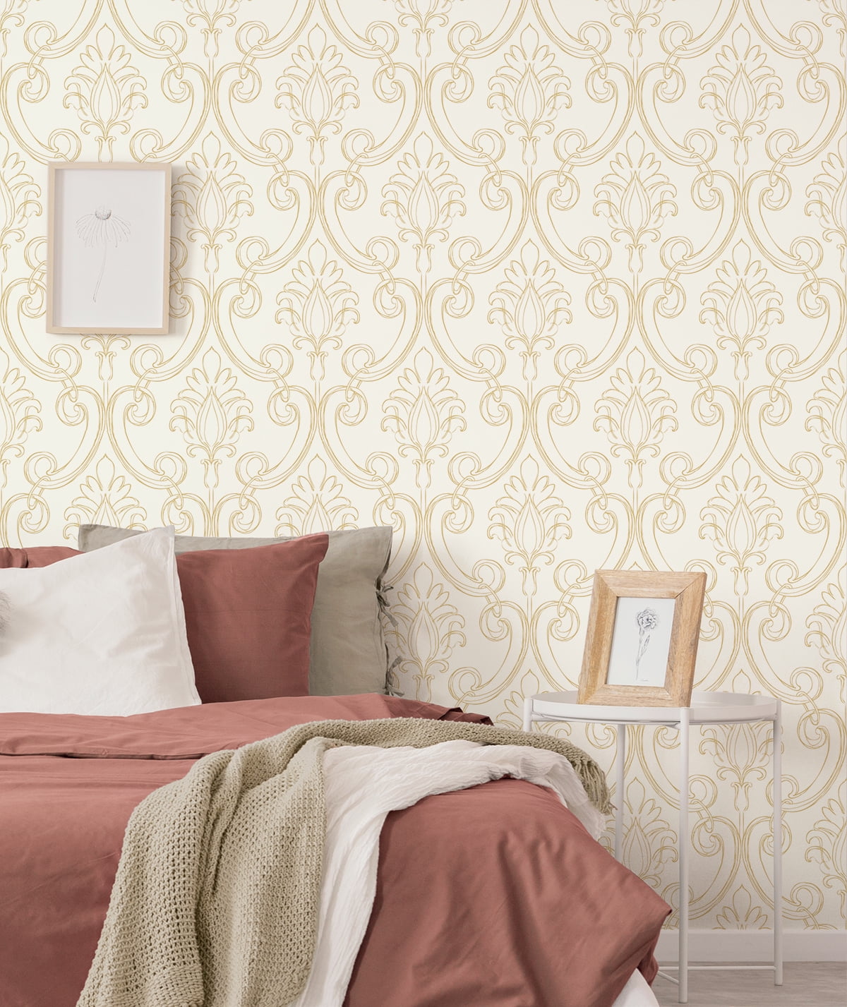 NextWall Metallic Gold Sketched Damask Peel and Stick Wallpaper