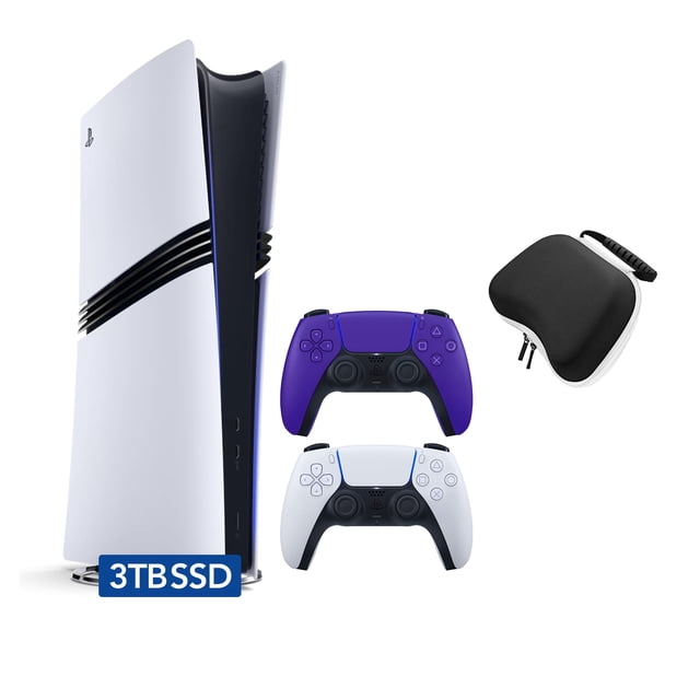 PlayStation 5 Pro 3TB SSD Digital Console with Two Controllers, White and Galactic Purple DualSense and Mytrix Hard Shell Protective Controller Case - Flagship PS5 Pro Console