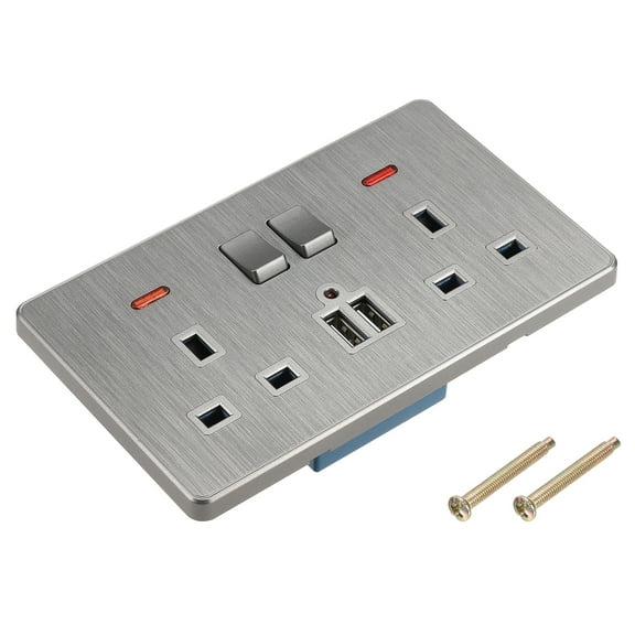 Dual UK Socket Switched Multi Power Outlet Dual USB Grey 250V 13A 146x88mm