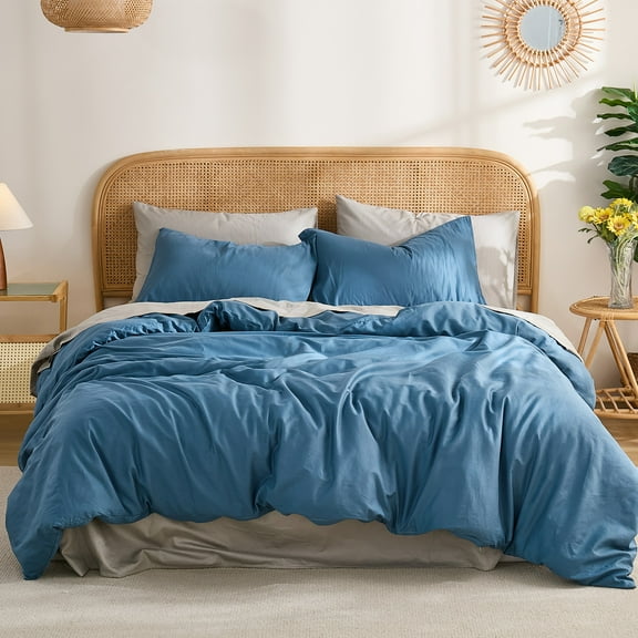 100% Washed Cotton Duvet Cover –Dark Blue, Linen-Like Texture, Super Soft & Breathable Bedding Set, 3-Piece Durable Percale Comforter Cover