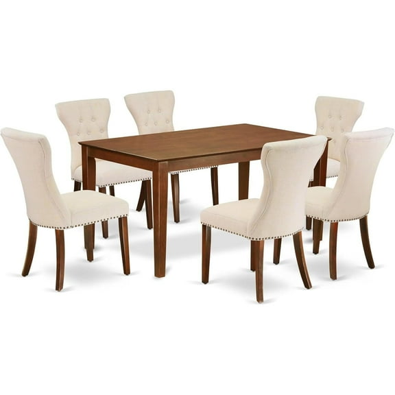 HomeStock 7 Piece Kitchen Table & Chairs Set Consist of a Rectangle Dining Room Table and 6 Light Beige Linen Fabric Parsons Dining Chairs, 36x60 Inch, Mahogany