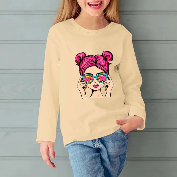 Mikilon Clothes for Girls 3-11 Comfortable Solid Color Graphic Pullover Tops Long Sleeve Round Neck Shirts Fall and Winter Casual Comfy Undershirts