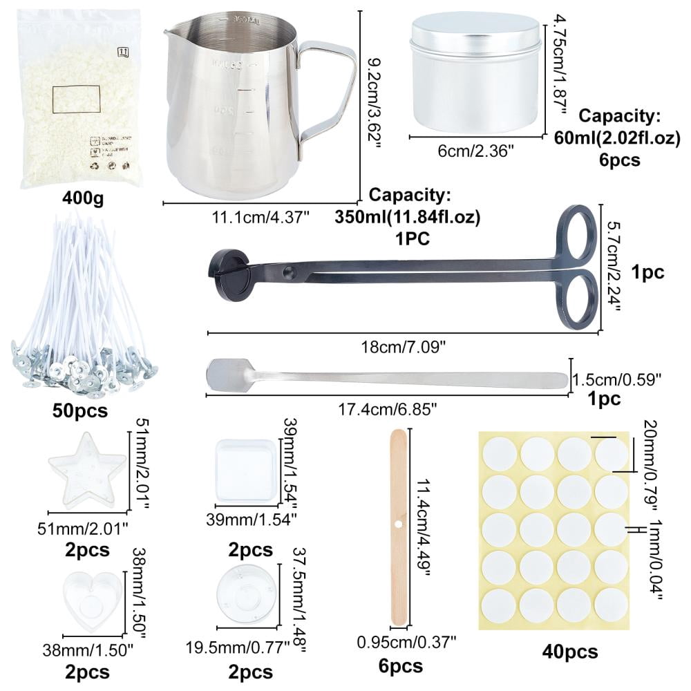 1 Box Candle Making Including Soy Wax Stainless Steel Cup & Handle Spoons & Wick Scissor & Wood Sticks Paper Stickers Plastic Candle Cups & Holder Aluminium Tin Cans Candle Wick Mixed Color 400g