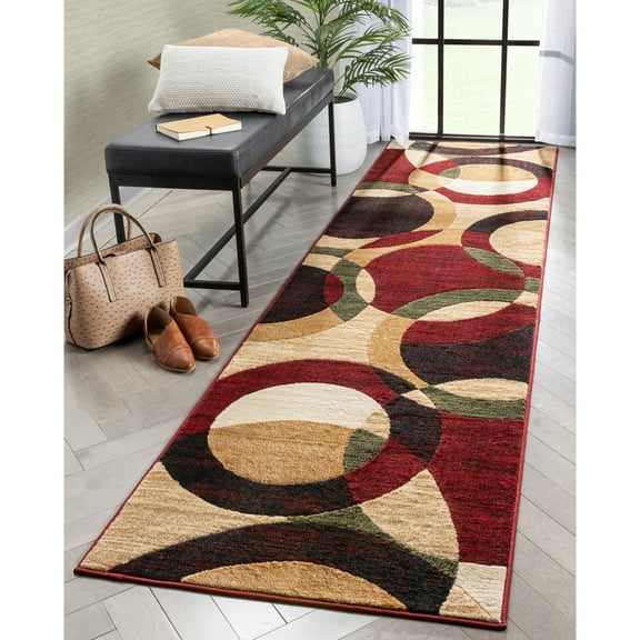 Well Woven Bingo 2'7" x 9'10" Runner Modern Shapes Circles Red Black Beige Rug