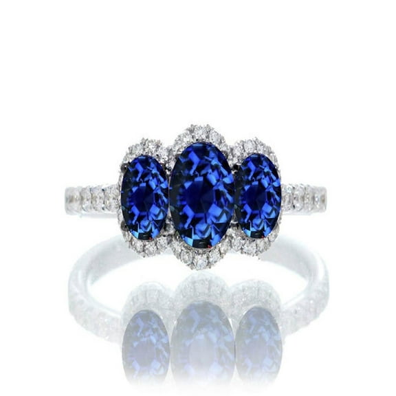 2 Carat Oval Cut Three Stone Trilong Sapphire Engagement Ring on 10k White Gold