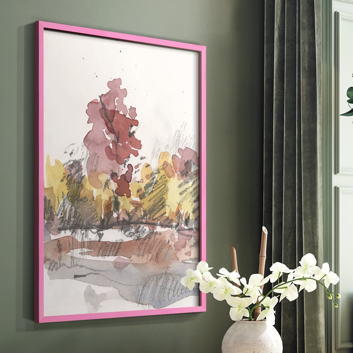 Watercolor Treeline Sketch I Framed Print in Pink Solid Wood 11 x 14 Framed Print