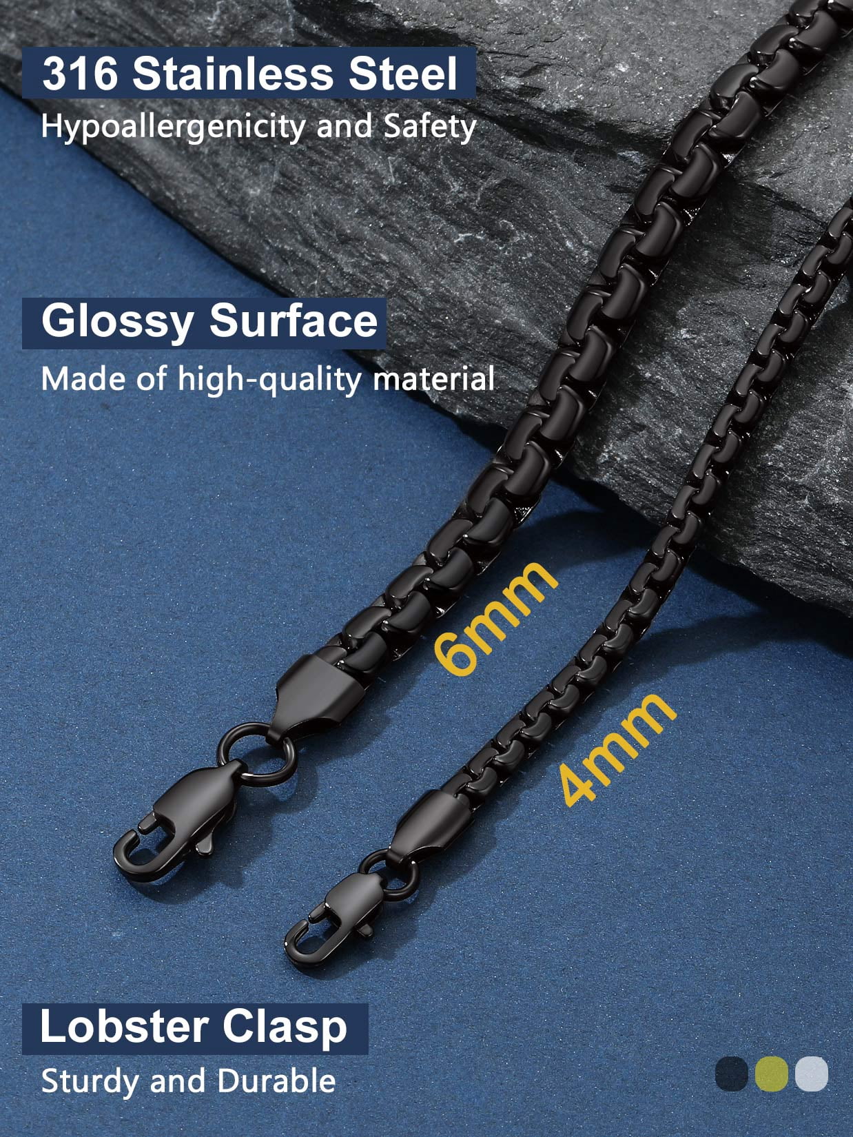 ChainsProMax Men Black Plated Stainless Steel Box Chain Necklace for Mens Gift 6mm 22" Jewelry Gift for Father